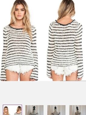 Free People Downy Stripe Shaggy Pullover Sweater Bell Sleeve Ivory Combo Size L